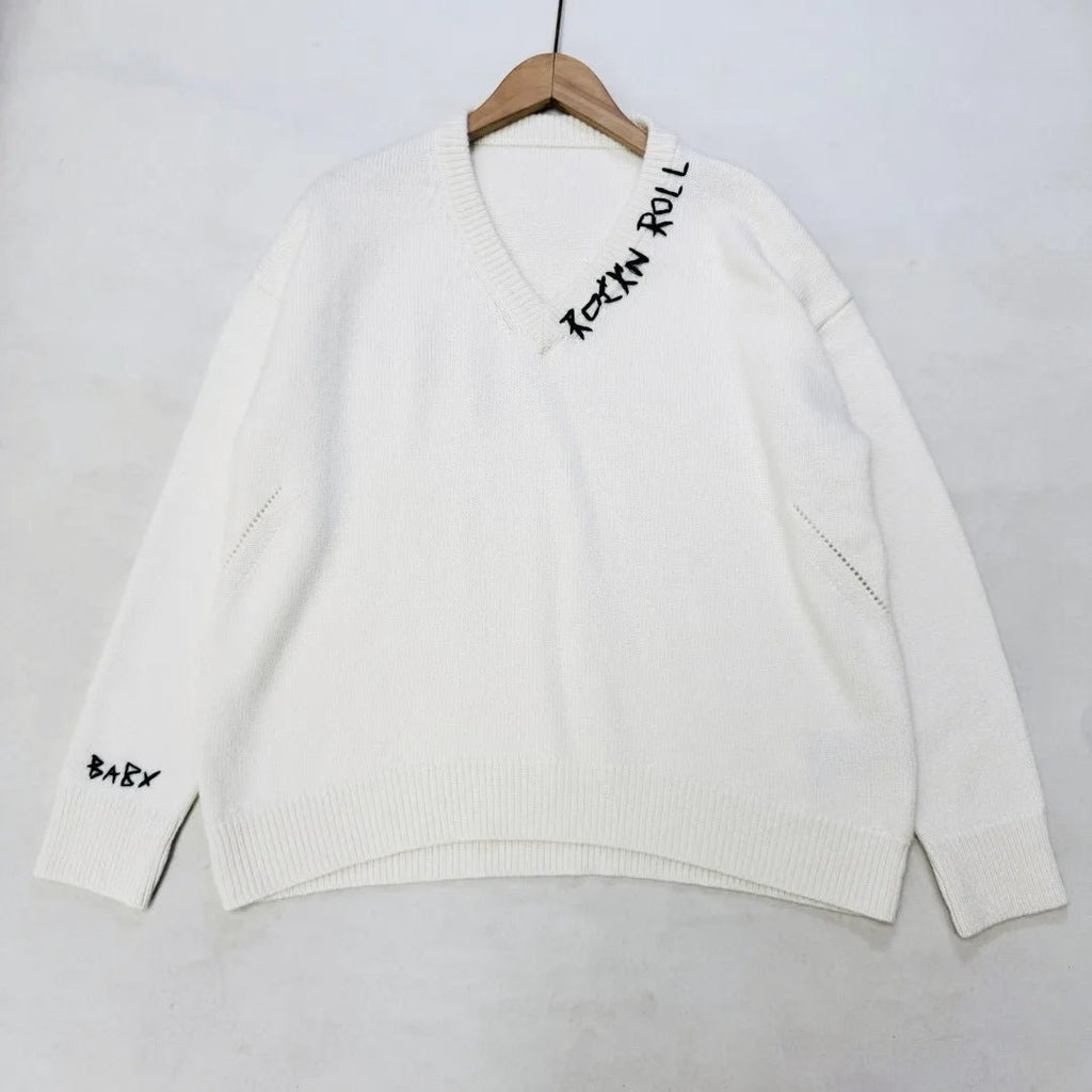 Maglione femminile a maniche lunghe con scollo a V invernale in maglia jacquard con lettera Top classico casual accogliente da donna 2026 - StepByStepNow