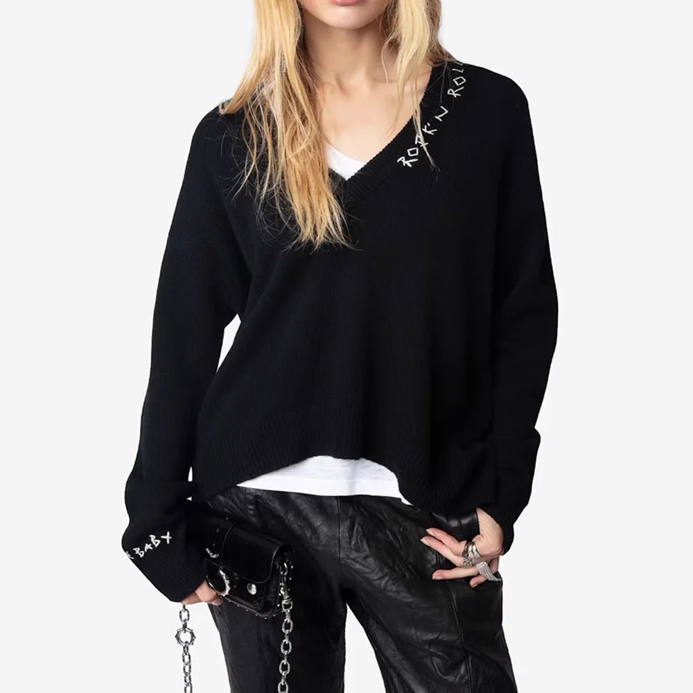 Maglione femminile a maniche lunghe con scollo a V invernale in maglia jacquard con lettera Top classico casual accogliente da donna 2026 - StepByStepNow