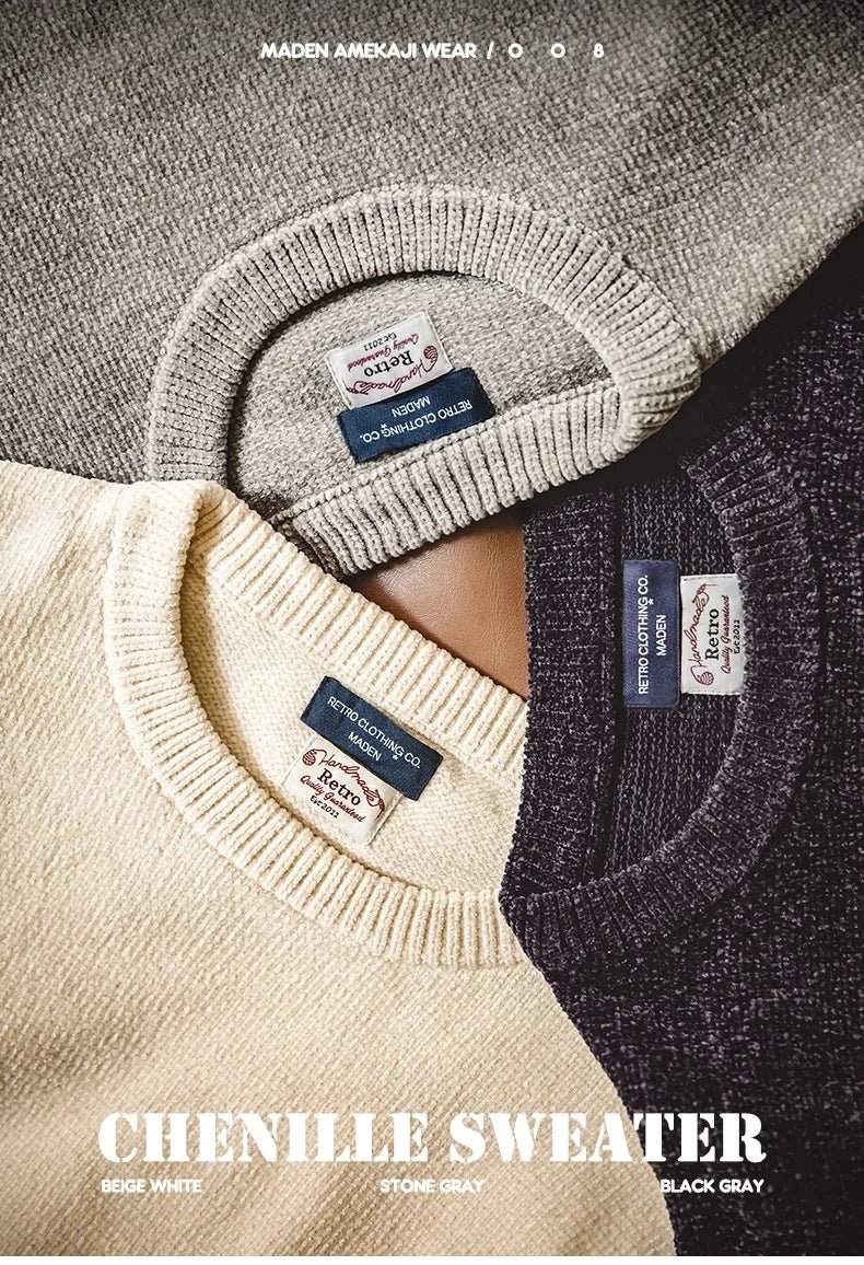 Maglione girocollo in ciniglia casual Maden per uomo Maglieria beige calda e delicata sulla pelle Autunno Inverno Maglione morbido tinta unita di base - StepByStepNow