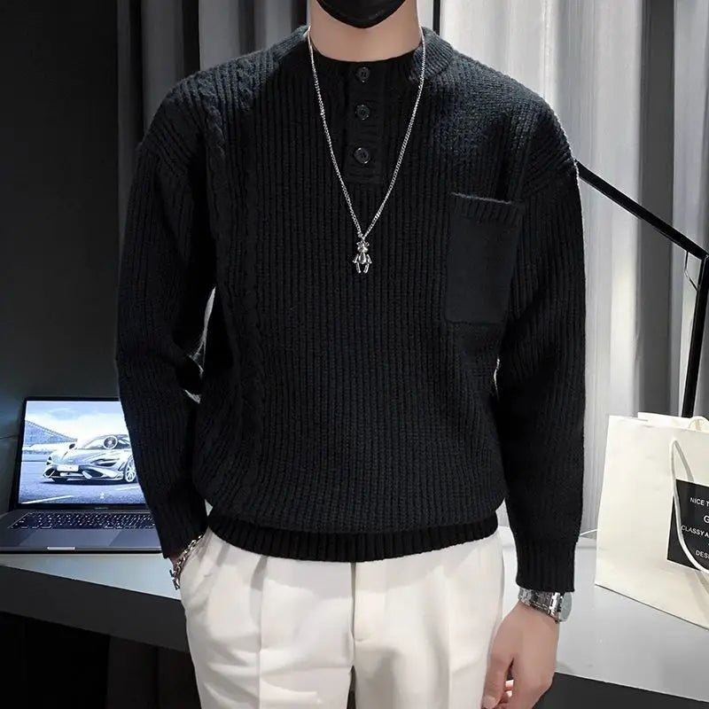 Maglione lavorato a maglia con bottoni a collo alto da uomo, modello cavo, strato base spesso caldo e slim fit, top autunno inverno - StepByStepNow
