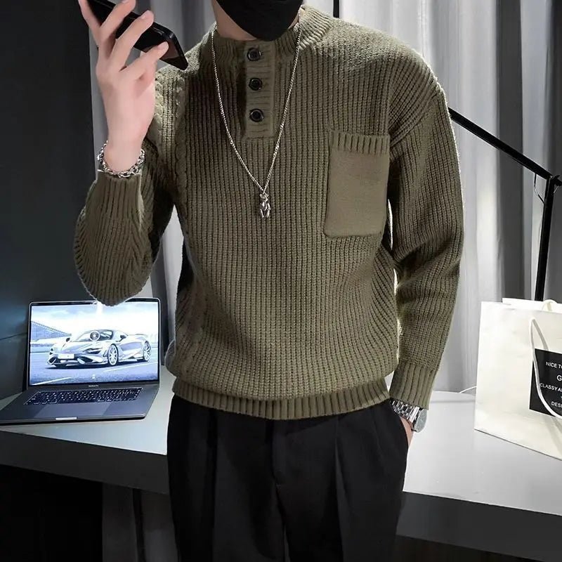 Maglione lavorato a maglia con bottoni a collo alto da uomo, modello cavo, strato base spesso caldo e slim fit, top autunno inverno - StepByStepNow