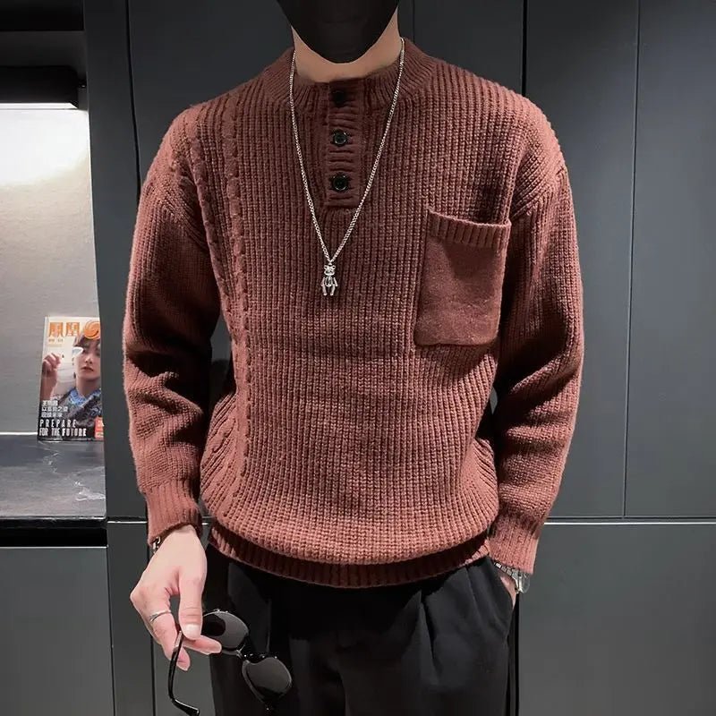 Maglione lavorato a maglia con bottoni a collo alto da uomo, modello cavo, strato base spesso caldo e slim fit, top autunno inverno - StepByStepNow