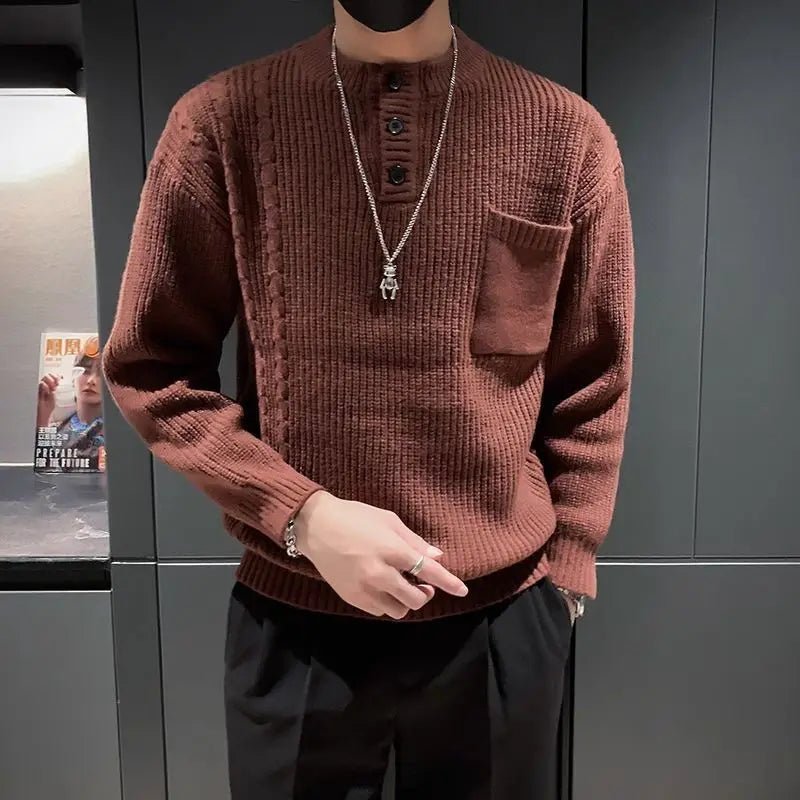 Maglione lavorato a maglia con bottoni a collo alto da uomo, modello cavo, strato base spesso caldo e slim fit, top autunno inverno - StepByStepNow