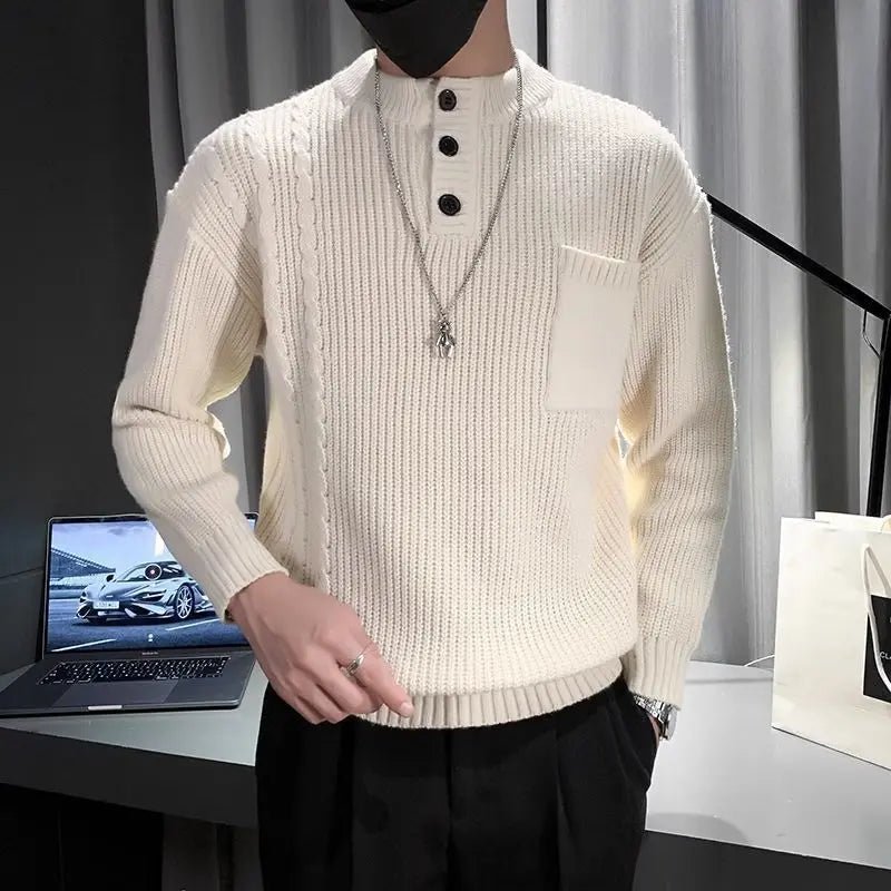 Maglione lavorato a maglia con bottoni a collo alto da uomo, modello cavo, strato base spesso caldo e slim fit, top autunno inverno - StepByStepNow
