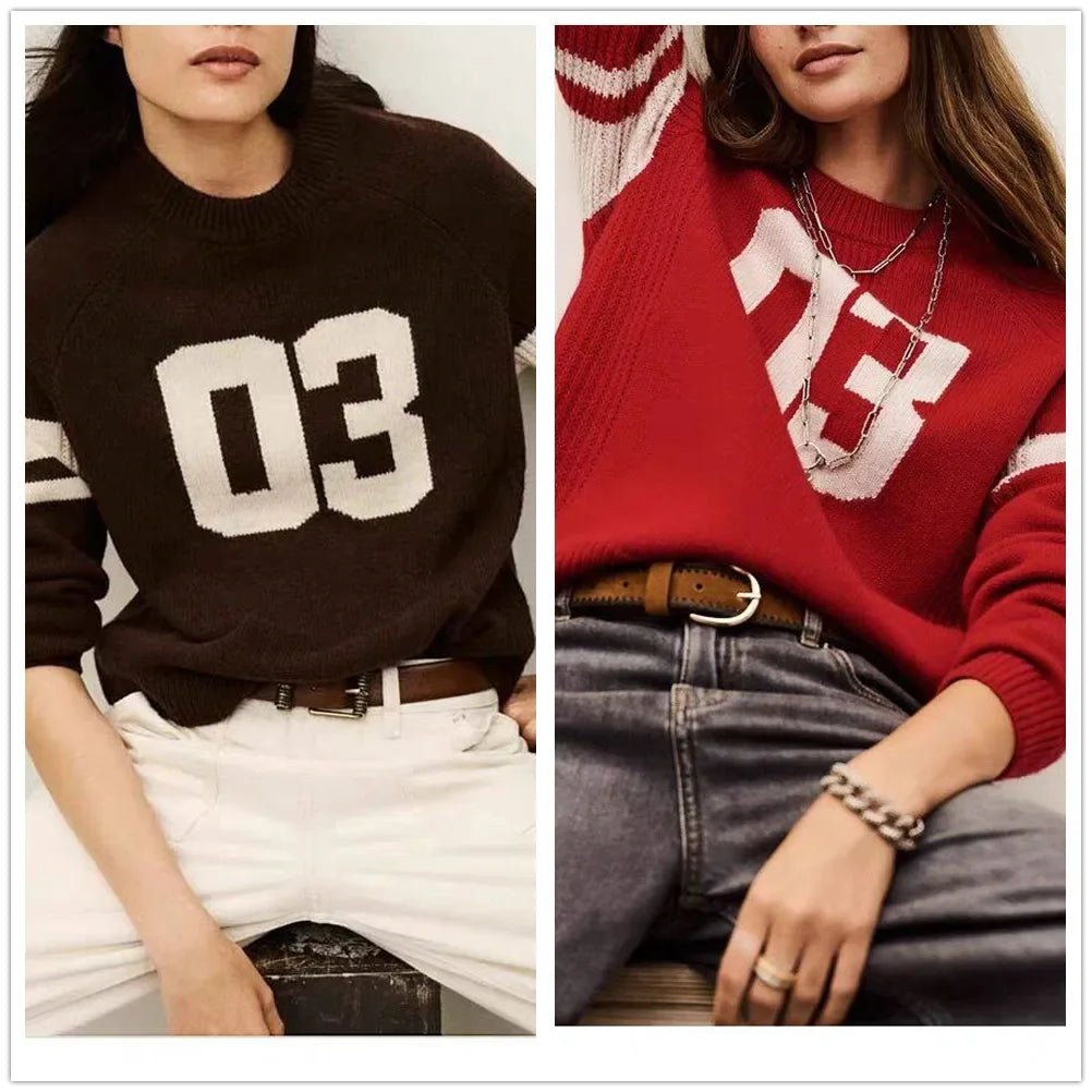 Maglione lavorato a maglia da donna con numero di colore a contrasto Manica lunga Maglieria femminile Elegnat O - Collo Pullover Top 2025 Autunno - StepByStepNow