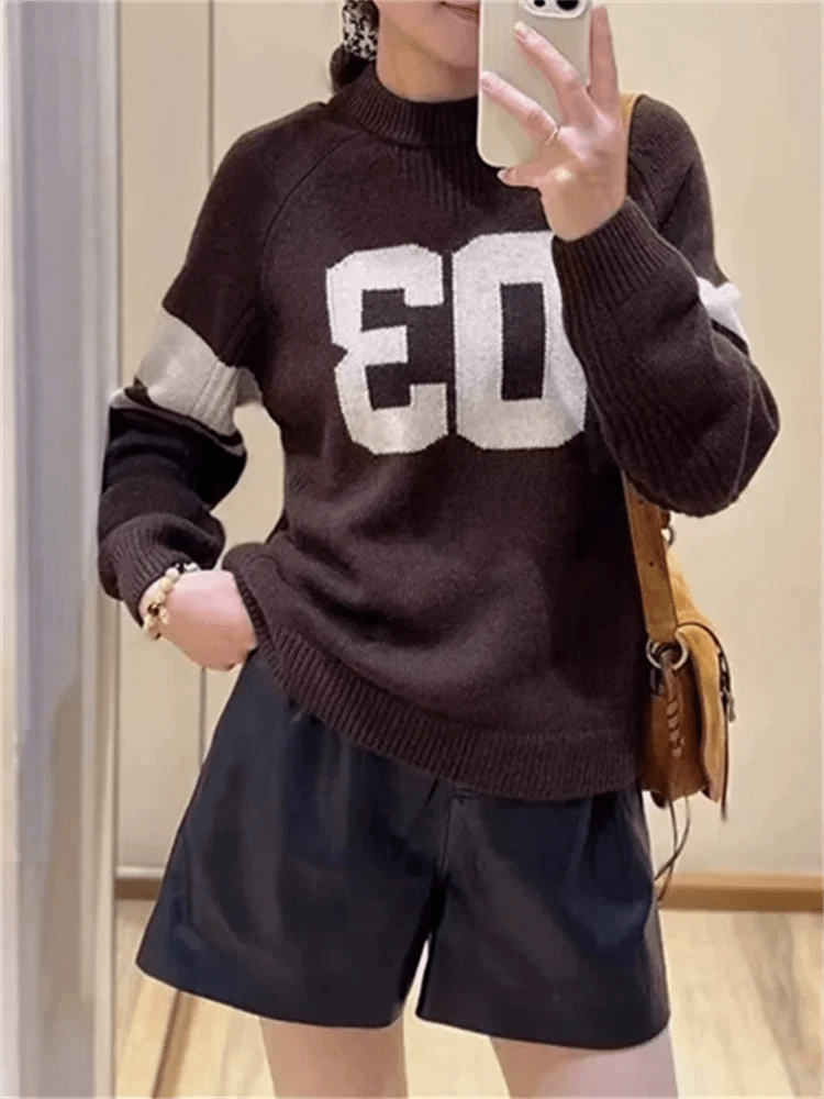 Maglione lavorato a maglia da donna con numero di colore a contrasto Manica lunga Maglieria femminile Elegnat O - Collo Pullover Top 2025 Autunno - StepByStepNow