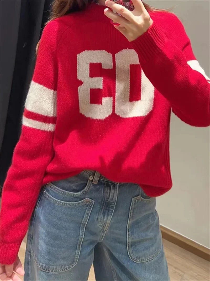 Maglione lavorato a maglia da donna con numero di colore a contrasto Manica lunga Maglieria femminile Elegnat O - Collo Pullover Top 2025 Autunno - StepByStepNow