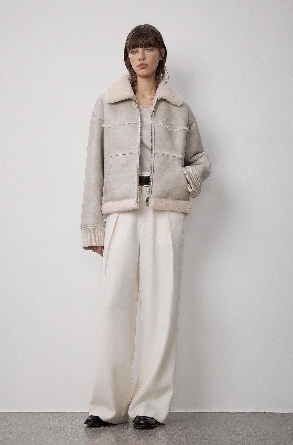 "Makino's Fun" Lapel Wool Artificial Compound Leather Short Style Shearling Jacket - StepByStep