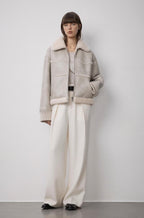 "Makino's Fun" Lapel Wool Artificial Compound Leather Short Style Shearling Jacket - StepByStep