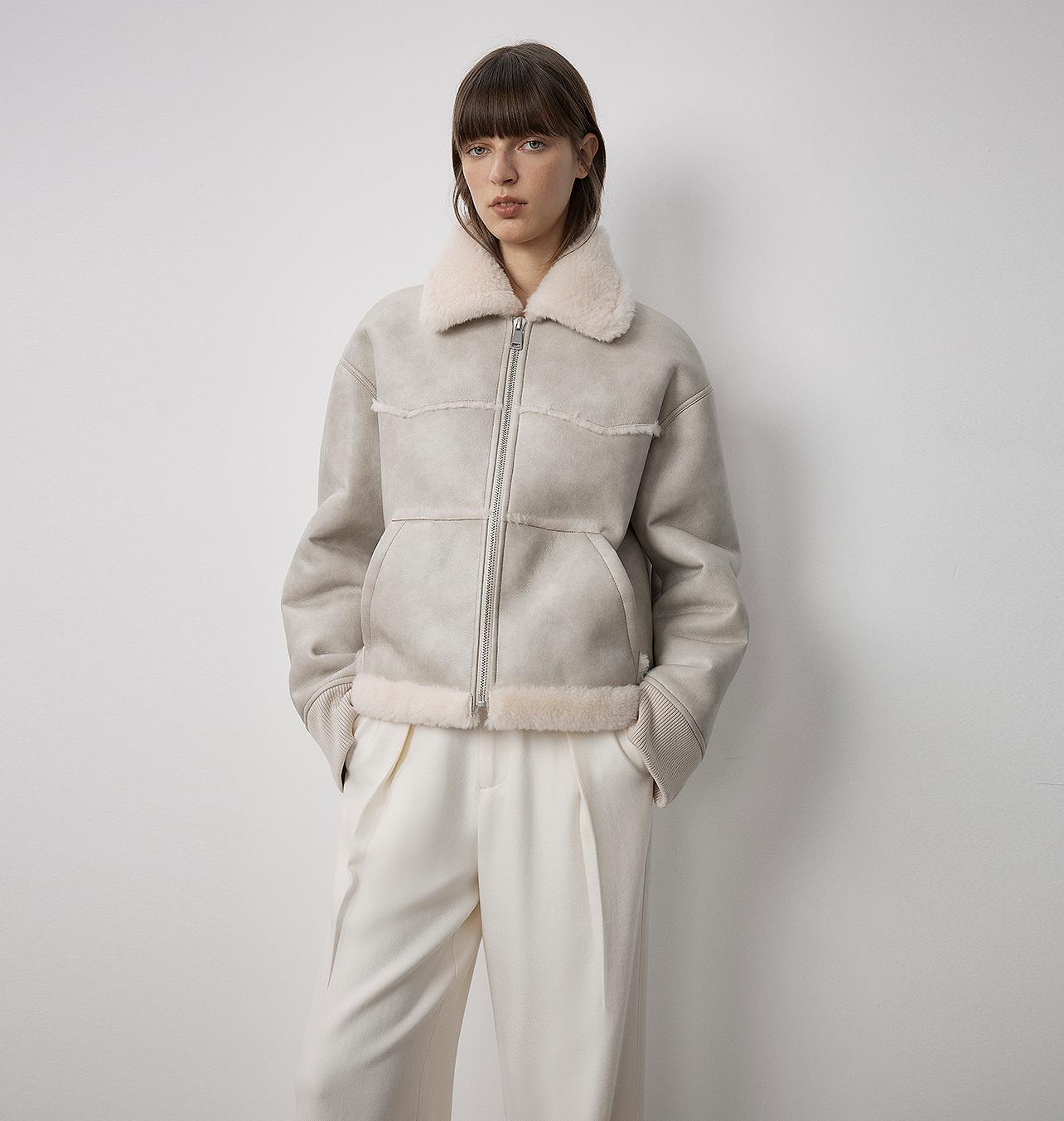 "Makino's Fun" Lapel Wool Artificial Compound Leather Short Style Shearling Jacket - StepByStep