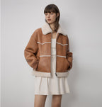 "Makino's Fun" Lapel Wool Artificial Compound Leather Short Style Shearling Jacket - StepByStep
