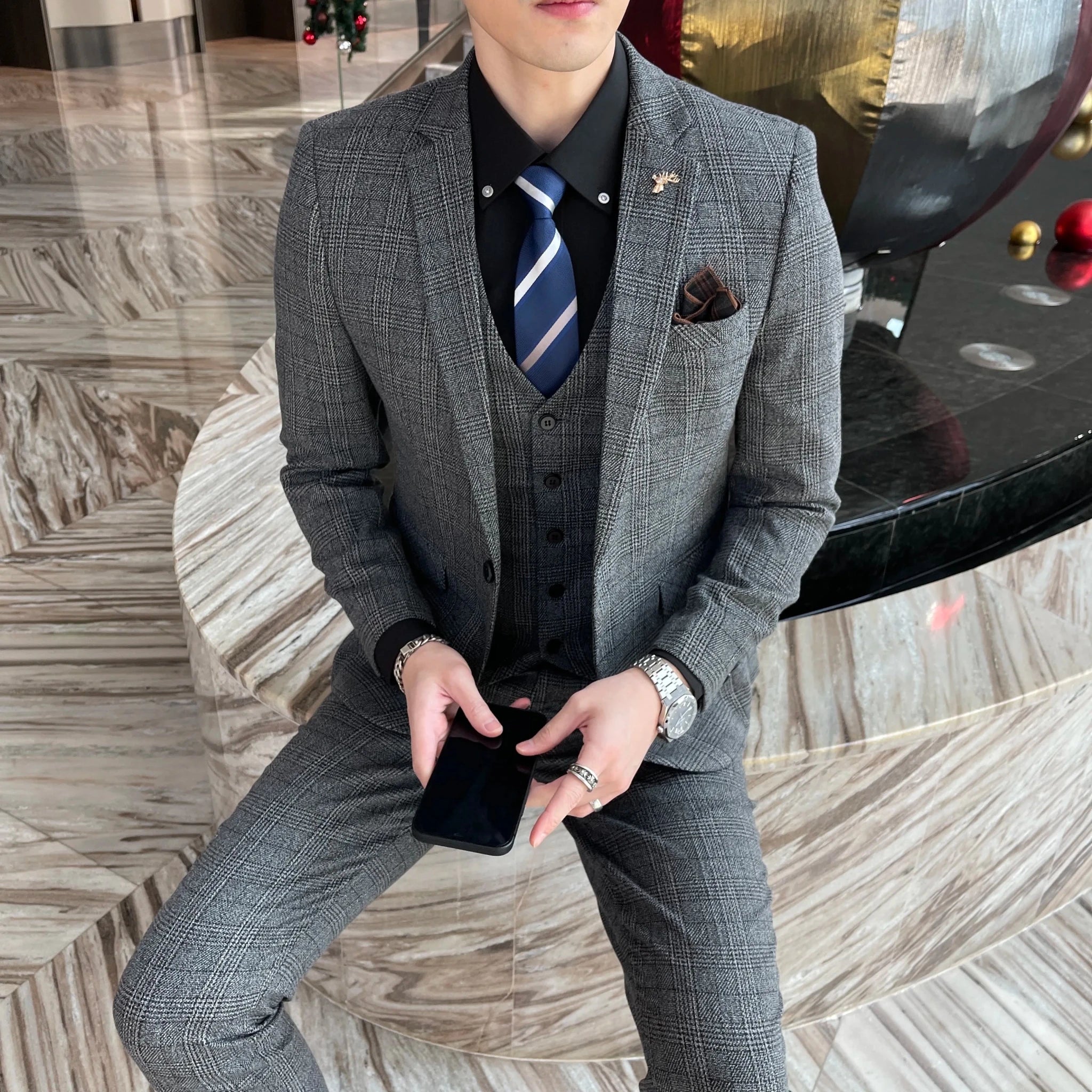 Men's British - Korean Plaid 3 - Piece Suit - Slim Fit Business Set - StepByStepNow