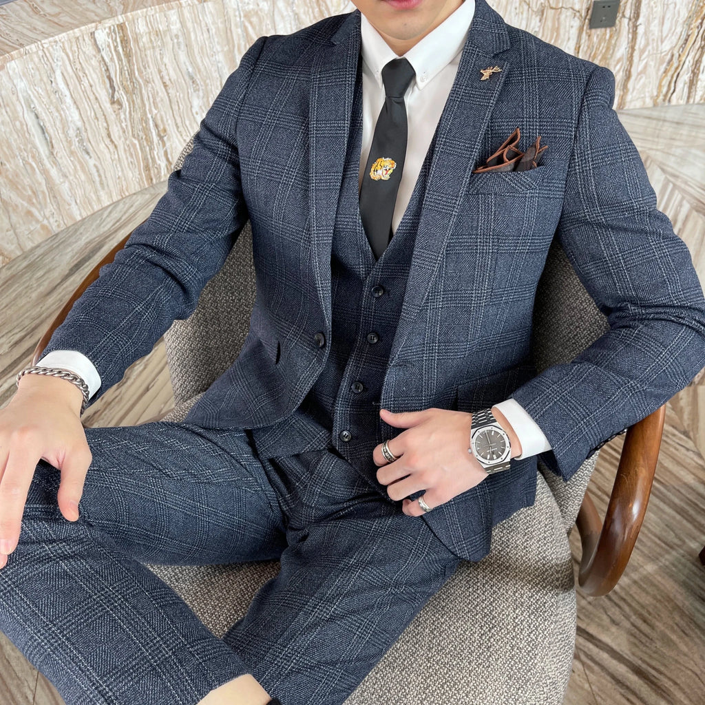 Men's British - Korean Plaid 3 - Piece Suit - Slim Fit Business Set - StepByStepNow