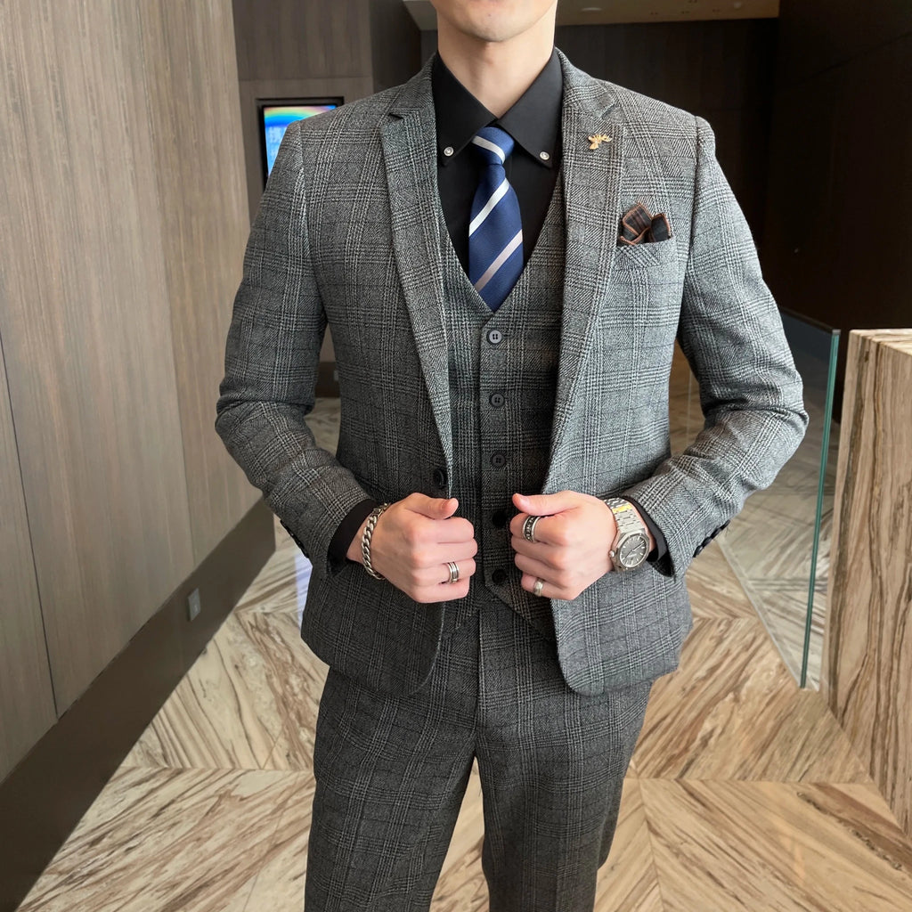 Men's British - Korean Plaid 3 - Piece Suit - Slim Fit Business Set - StepByStepNow