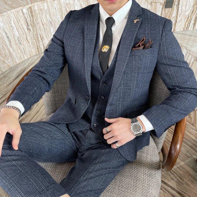 Men's British - Korean Plaid 3 - Piece Suit - Slim Fit Business Set - StepByStepNow