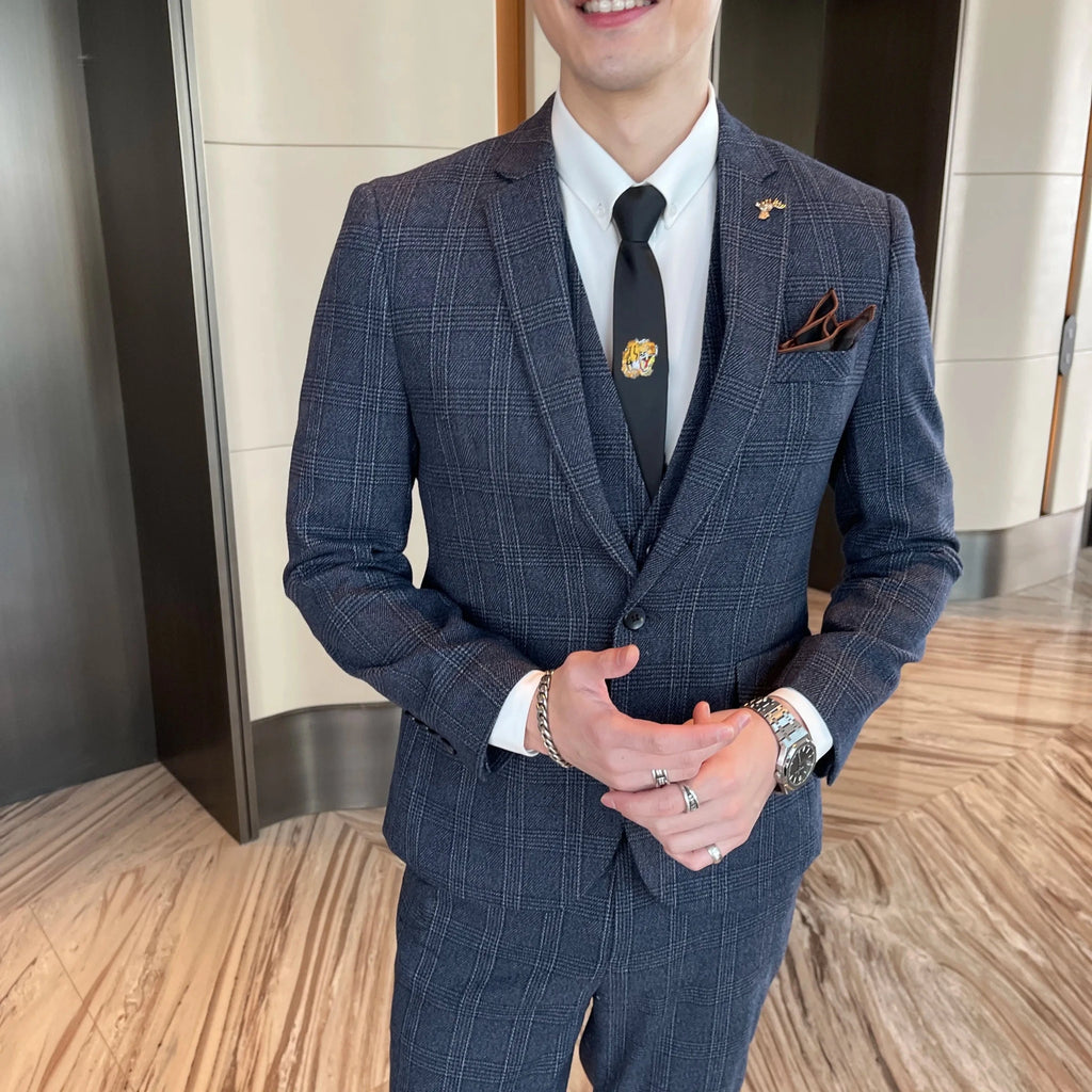 Men's British - Korean Plaid 3 - Piece Suit - Slim Fit Business Set - StepByStepNow