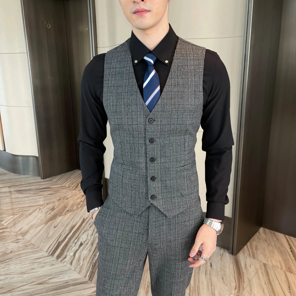 Men's British - Korean Plaid 3 - Piece Suit - Slim Fit Business Set - StepByStepNow