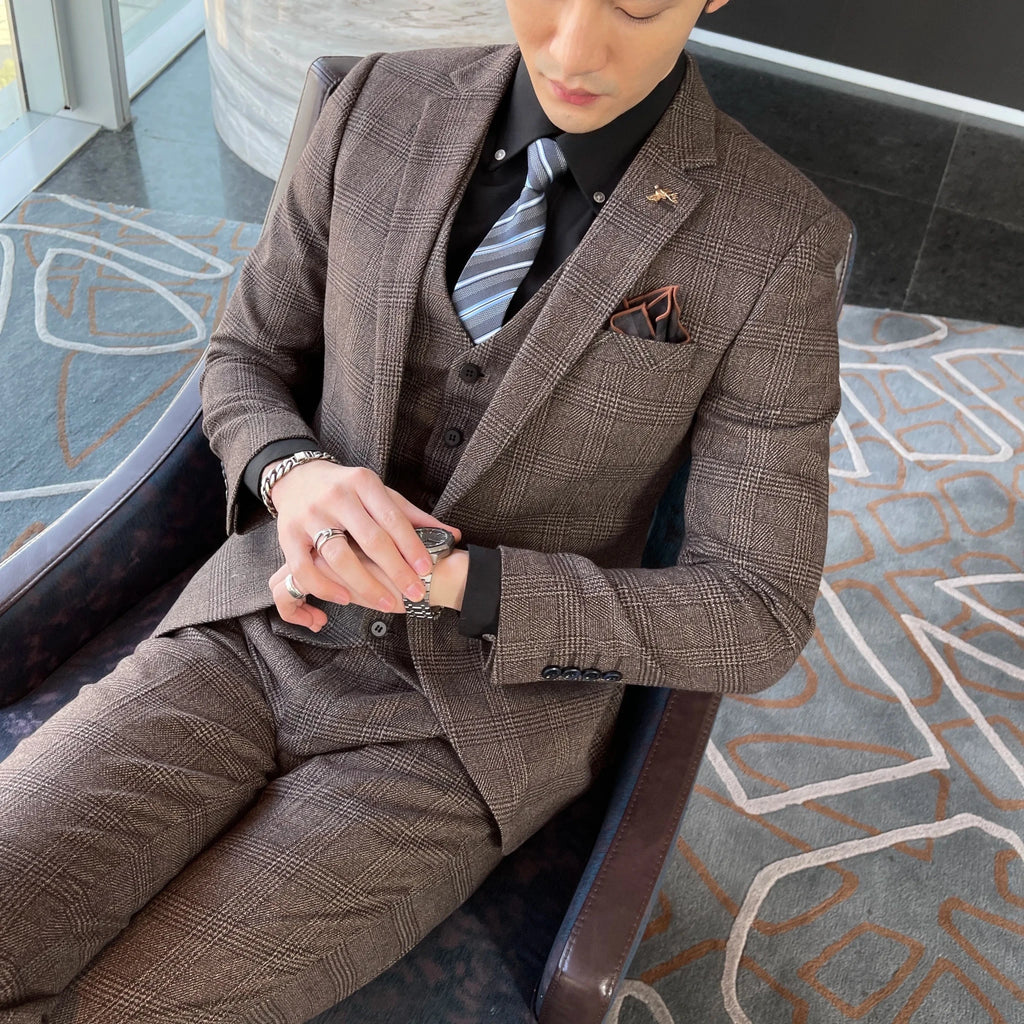 Men's British - Korean Plaid 3 - Piece Suit - Slim Fit Business Set - StepByStepNow