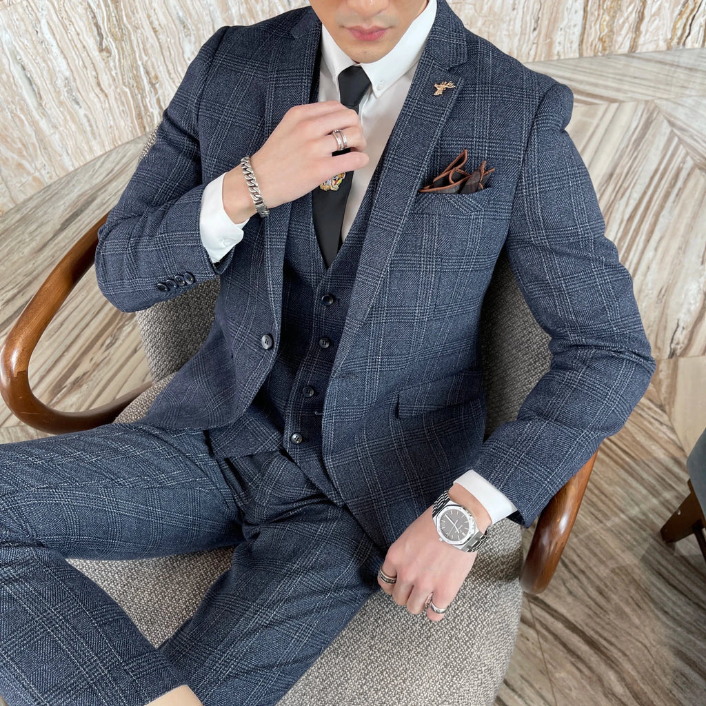 Men's British - Korean Plaid 3 - Piece Suit - Slim Fit Business Set - StepByStepNow