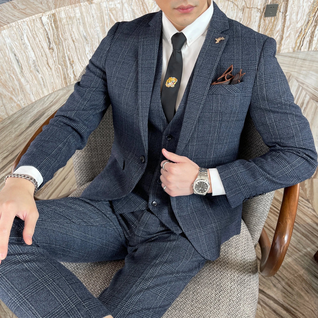 Men's British - Korean Plaid 3 - Piece Suit - Slim Fit Business Set - StepByStepNow