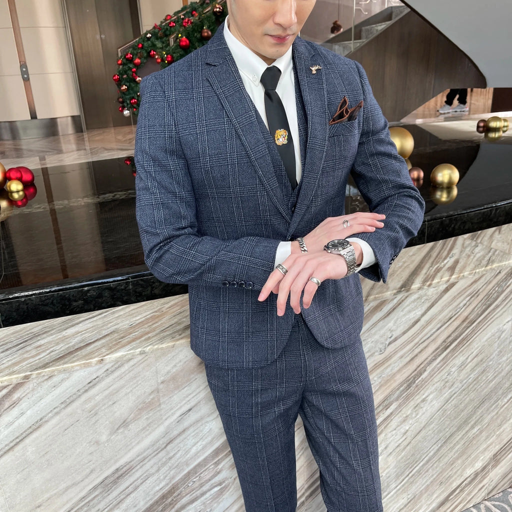 Men's British - Korean Plaid 3 - Piece Suit - Slim Fit Business Set - StepByStepNow