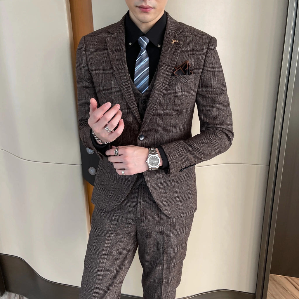 Men's British - Korean Plaid 3 - Piece Suit - Slim Fit Business Set - StepByStepNow