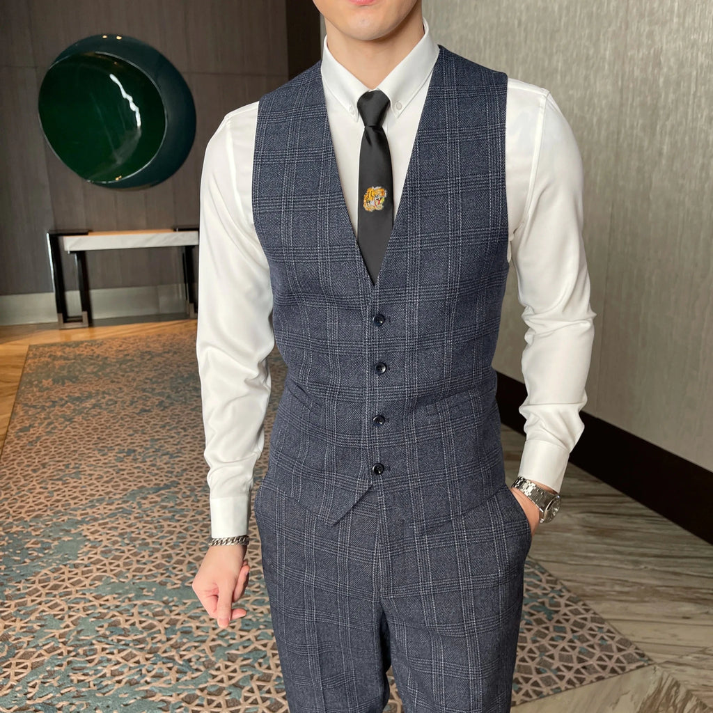 Men's British - Korean Plaid 3 - Piece Suit - Slim Fit Business Set - StepByStepNow