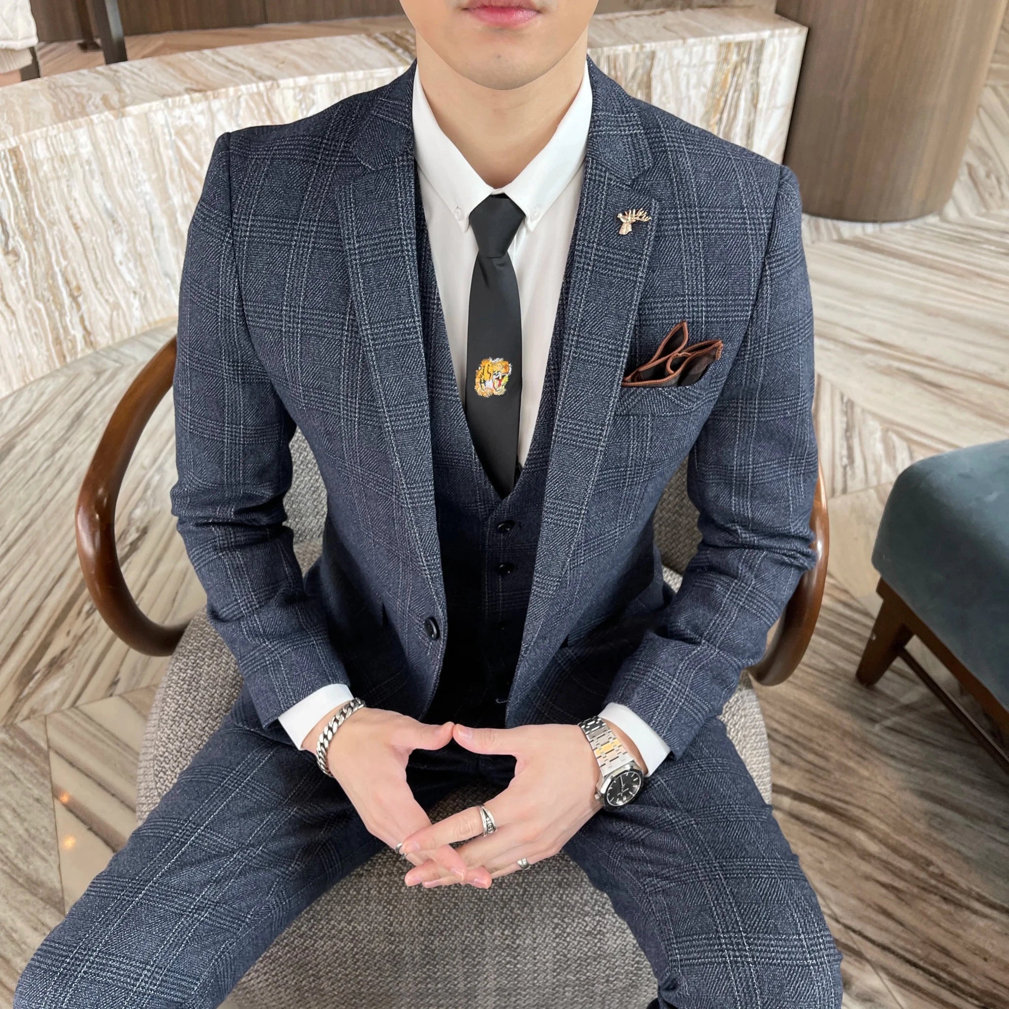 Men's British - Korean Plaid 3 - Piece Suit - Slim Fit Business Set - StepByStepNow
