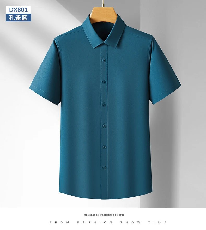 Men's Casual High Elasticity Shirt Fashionable Short Sleeved Solid Men Color Shirt Non Ironing Wrinkle Resistant Business Top - StepByStepNow