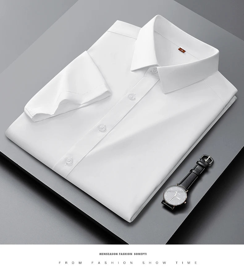 Men's Casual High Elasticity Shirt Fashionable Short Sleeved Solid Men Color Shirt Non Ironing Wrinkle Resistant Business Top - StepByStepNow