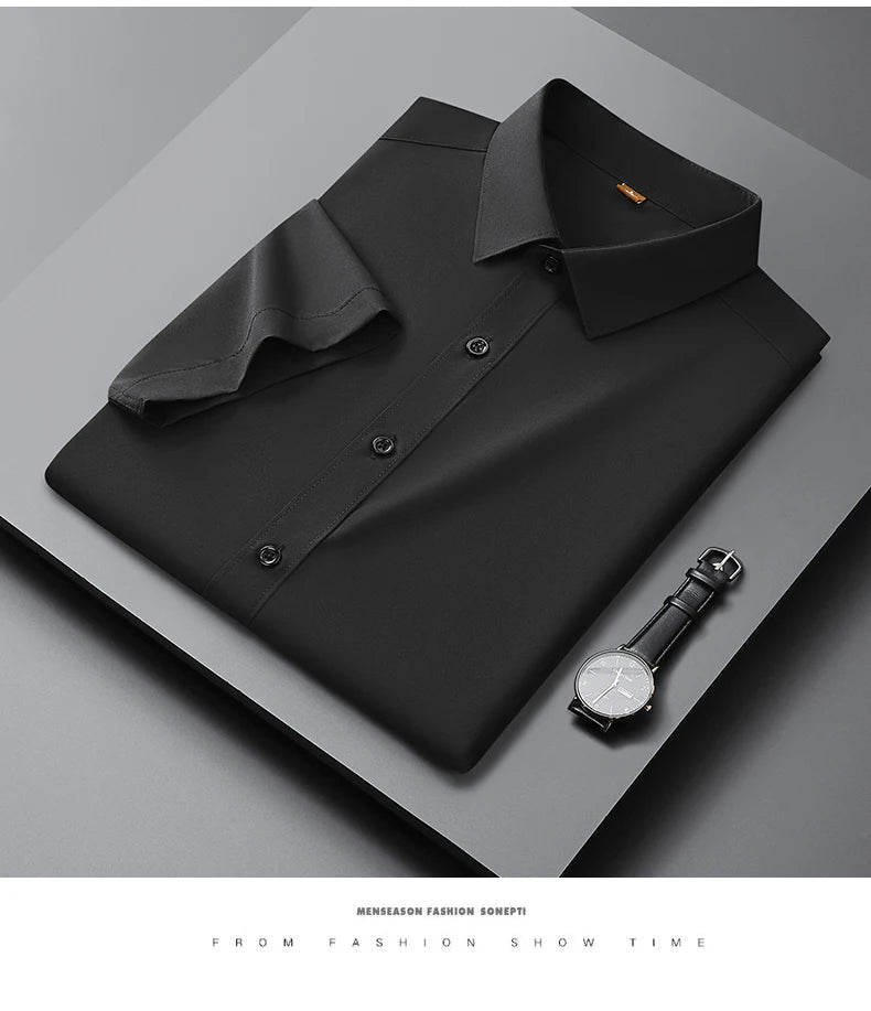 Men's Casual High Elasticity Shirt Fashionable Short Sleeved Solid Men Color Shirt Non Ironing Wrinkle Resistant Business Top - StepByStepNow
