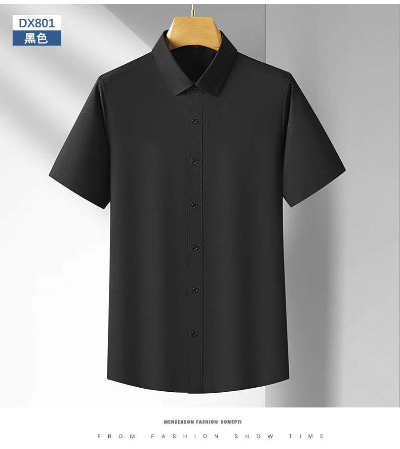 Men's Casual High Elasticity Shirt Fashionable Short Sleeved Solid Men Color Shirt Non Ironing Wrinkle Resistant Business Top - StepByStepNow