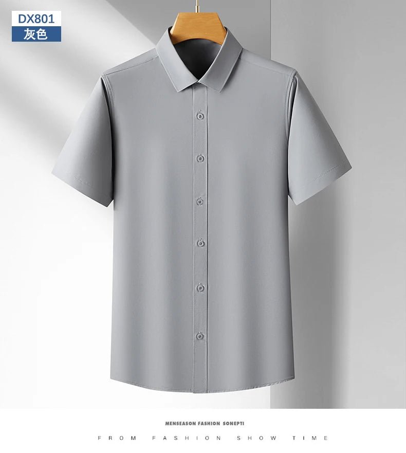 Men's Casual High Elasticity Shirt Fashionable Short Sleeved Solid Men Color Shirt Non Ironing Wrinkle Resistant Business Top - StepByStepNow