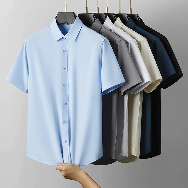 Men's Casual High Elasticity Shirt Fashionable Short Sleeved Solid Men Color Shirt Non Ironing Wrinkle Resistant Business Top - StepByStepNow