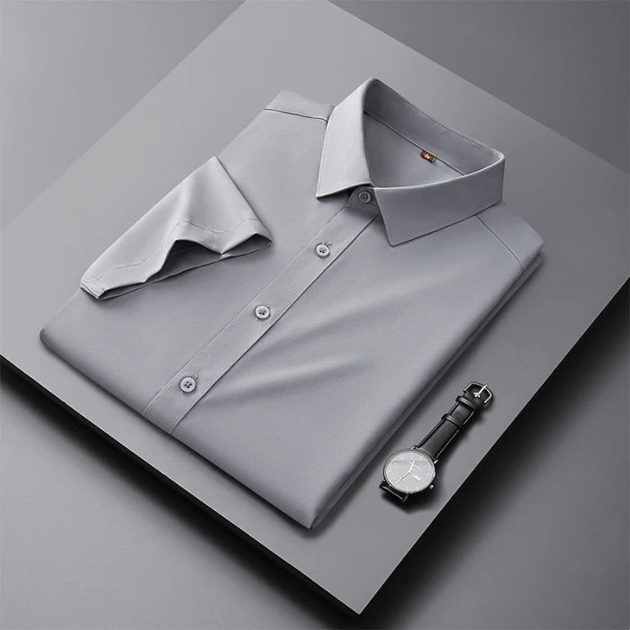 Men's Casual High Elasticity Shirt Fashionable Short Sleeved Solid Men Color Shirt Non Ironing Wrinkle Resistant Business Top - StepByStepNow