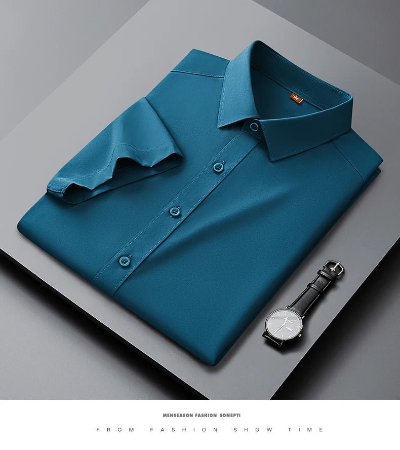 Men's Casual High Elasticity Shirt Fashionable Short Sleeved Solid Men Color Shirt Non Ironing Wrinkle Resistant Business Top - StepByStepNow