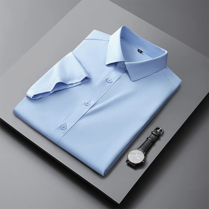 Men's Casual High Elasticity Shirt Fashionable Short Sleeved Solid Men Color Shirt Non Ironing Wrinkle Resistant Business Top - StepByStepNow