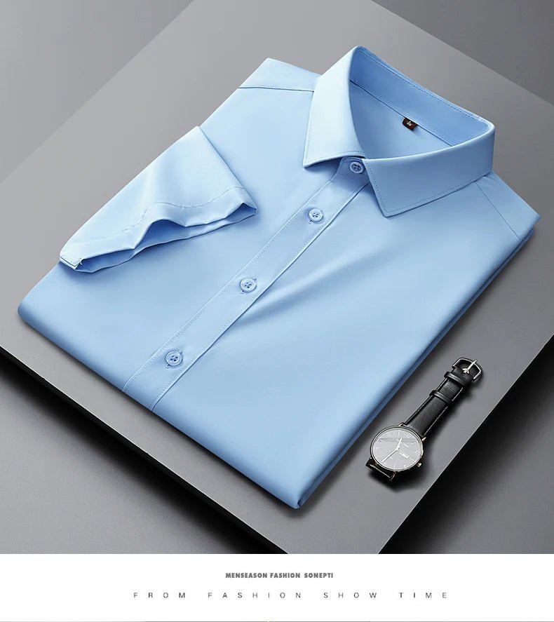 Men's Casual High Elasticity Shirt Fashionable Short Sleeved Solid Men Color Shirt Non Ironing Wrinkle Resistant Business Top - StepByStepNow