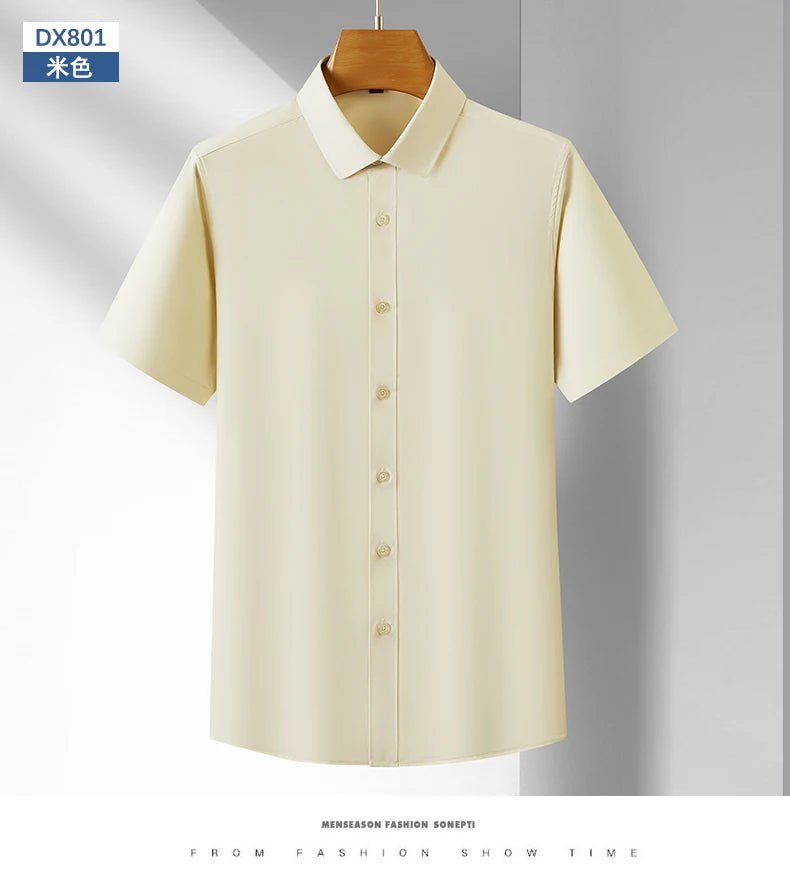 Men's Casual High Elasticity Shirt Fashionable Short Sleeved Solid Men Color Shirt Non Ironing Wrinkle Resistant Business Top - StepByStepNow