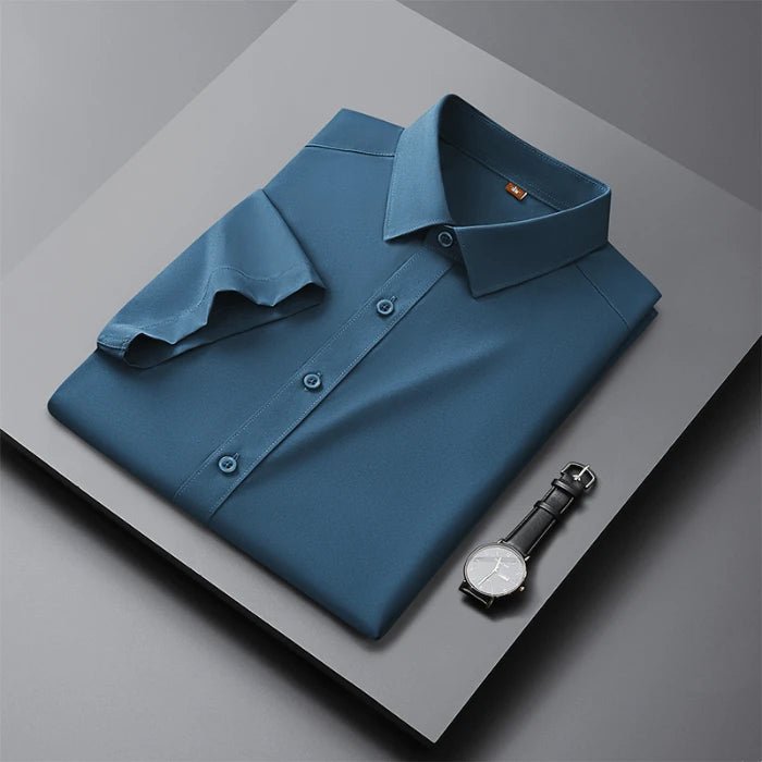 Men's Casual High Elasticity Shirt Fashionable Short Sleeved Solid Men Color Shirt Non Ironing Wrinkle Resistant Business Top - StepByStepNow