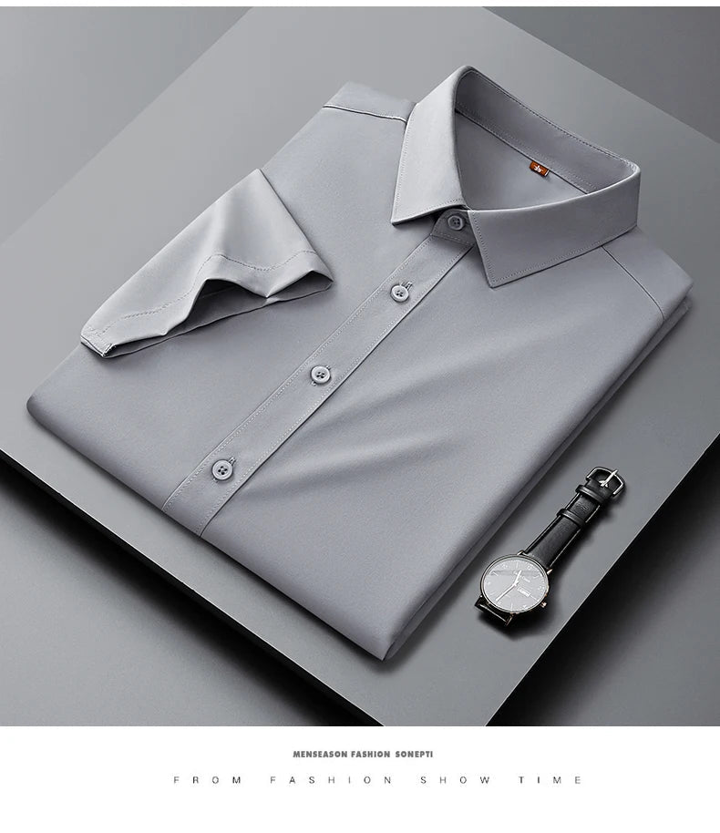 Men's Casual High Elasticity Shirt Fashionable Short Sleeved Solid Men Color Shirt Non Ironing Wrinkle Resistant Business Top - StepByStepNow