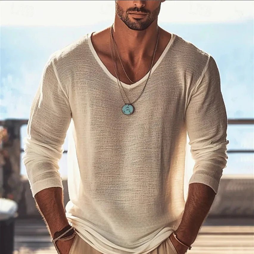 Men's Casual V - Neck Linen Blend Long Sleeve T-Shirt Breathable Lightweight Beachwear for Spring and Autumn Pullover Sweater 88 - StepByStepNow