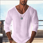 Men's Casual V - Neck Linen Blend Long Sleeve T-Shirt Breathable Lightweight Beachwear for Spring and Autumn Pullover Sweater 88 - StepByStepNow