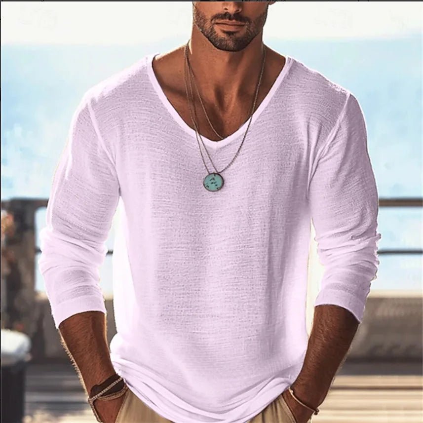 Men's Casual V - Neck Linen Blend Long Sleeve T-Shirt Breathable Lightweight Beachwear for Spring and Autumn Pullover Sweater 88 - StepByStepNow