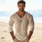 Men's Casual V - Neck Linen Blend Long Sleeve T-Shirt Breathable Lightweight Beachwear for Spring and Autumn Pullover Sweater 88 - StepByStepNow
