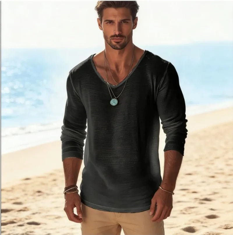 Men's Casual V - Neck Linen Blend Long Sleeve T-Shirt Breathable Lightweight Beachwear for Spring and Autumn Pullover Sweater 88 - StepByStepNow
