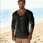 Men's Casual V - Neck Linen Blend Long Sleeve T-Shirt Breathable Lightweight Beachwear for Spring and Autumn Pullover Sweater 88 - StepByStepNow