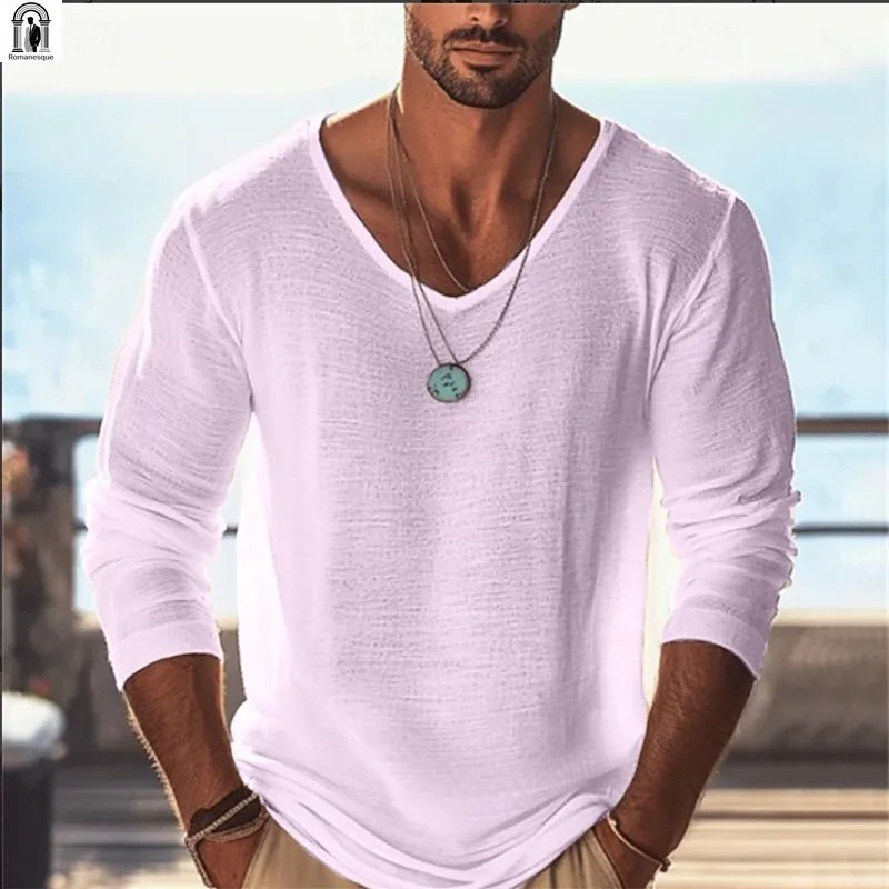 Men's Casual V - Neck Linen Blend Long Sleeve T-Shirt Breathable Lightweight Beachwear for Spring and Autumn Pullover Sweater 88 - StepByStepNow