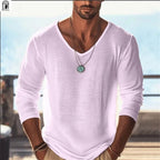Men's Casual V - Neck Linen Blend Long Sleeve T-Shirt Breathable Lightweight Beachwear for Spring and Autumn Pullover Sweater 88 - StepByStepNow
