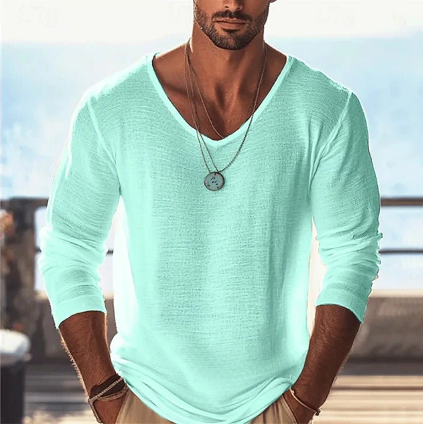 Men's Casual V - Neck Linen Blend Long Sleeve T-Shirt Breathable Lightweight Beachwear for Spring and Autumn Pullover Sweater 88 - StepByStepNow